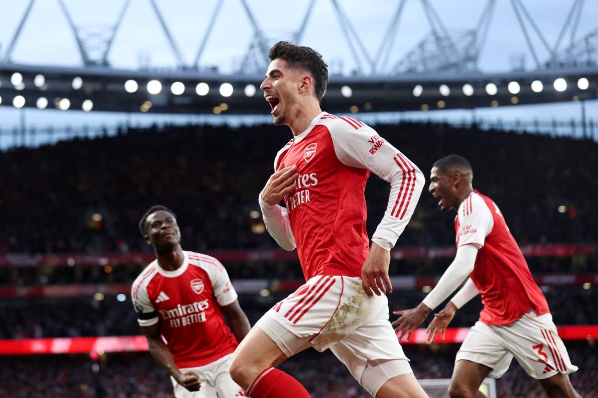  Kai Havertz of Arsenal celebrates scoring his team's first goal during the Premier League match between Arsenal and Burnley at Emirates Stadium on May 18, 2026 in London, England. (Photo by Julian Finney/Getty Images) Photo by Julian Finney/Getty Images