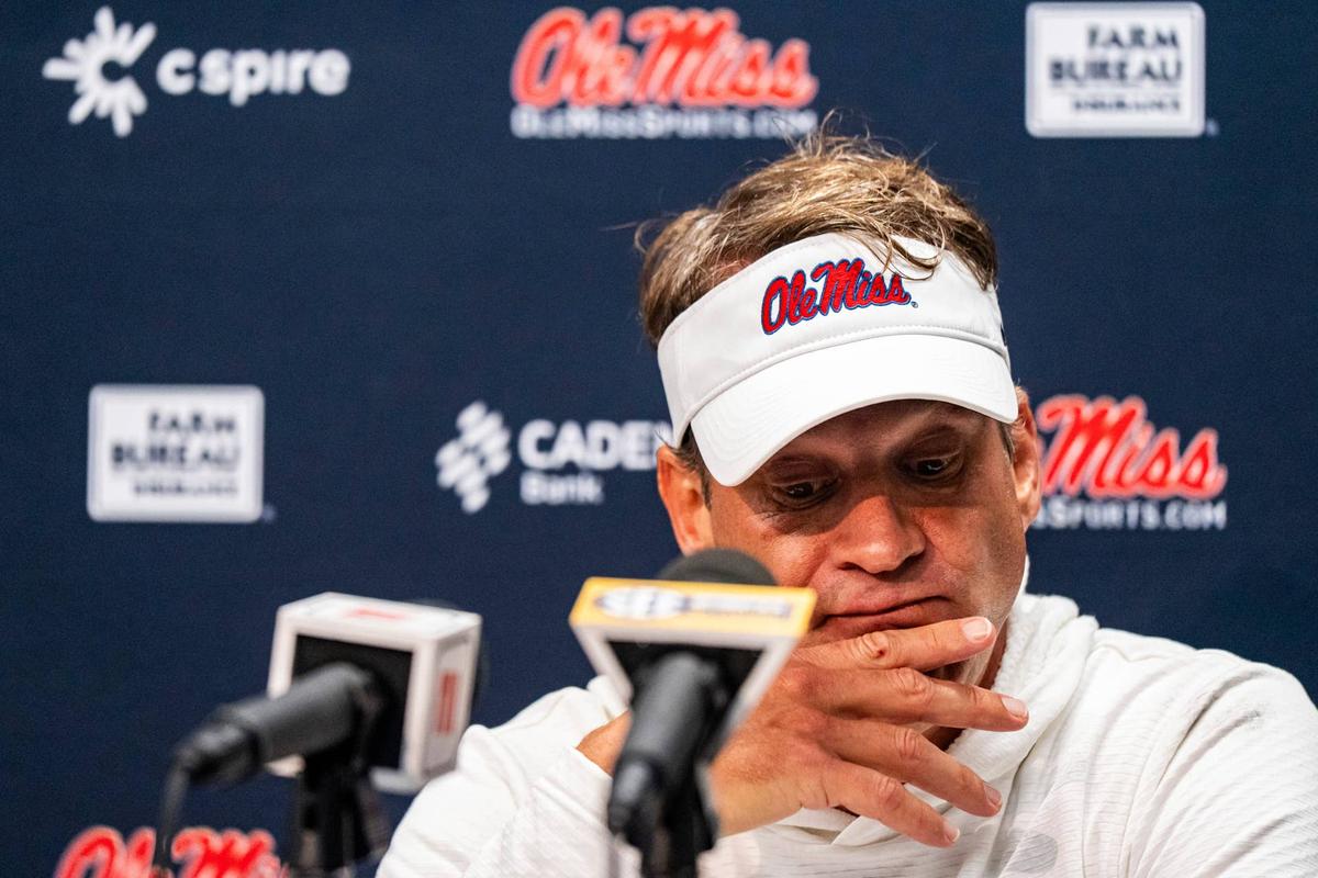  Ole Miss head coach Lane Kiffin answers questions from the press after a college football game between Mississippi State and Ole Miss at Davis Wade Stadium in Starkville, Miss., on Friday, Nov. 28, 2025. Ole Miss defeated Mississippi State 38-19 in the Egg Bowl. 
