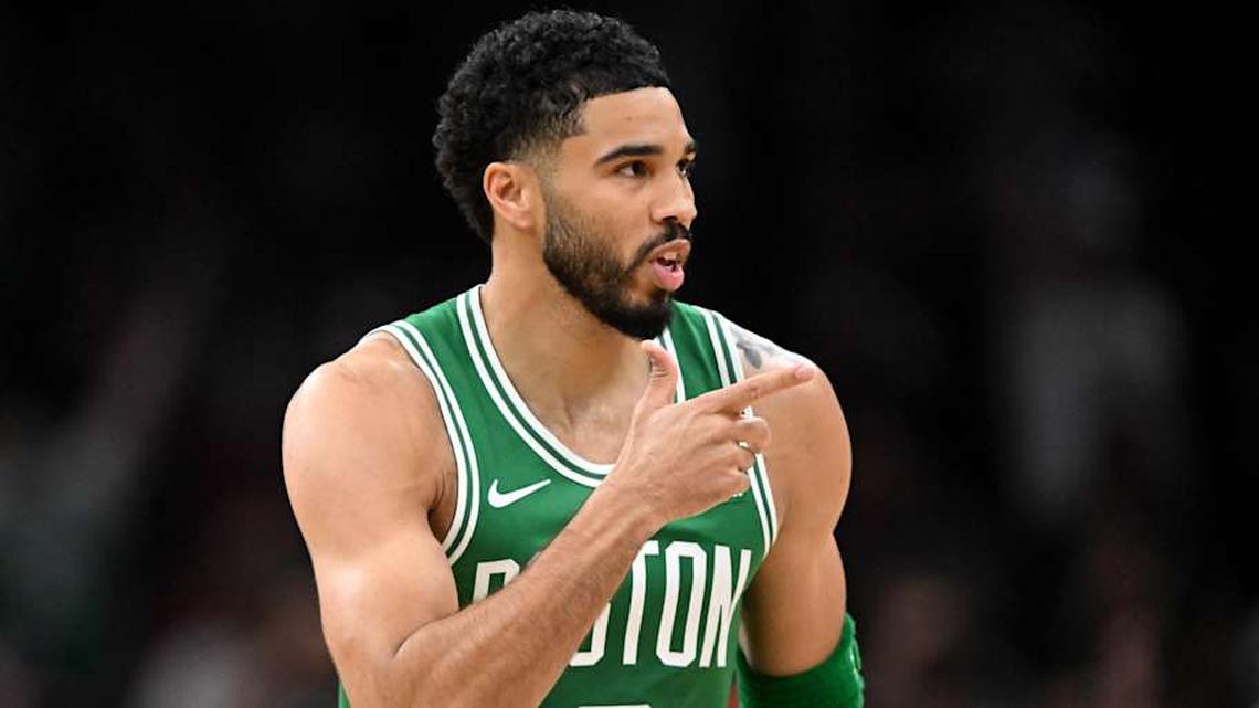  Apr 21, 2026; Boston, Massachusetts, USA; Boston Celtics forward Jayson Tatum (0) reacts after making a three-point basket against the Philadelphia 76ers in the first half of a game two of the first round of the 2026 NBA Playoffs at TD Garden. | Brian Fluharty-Imagn Images 