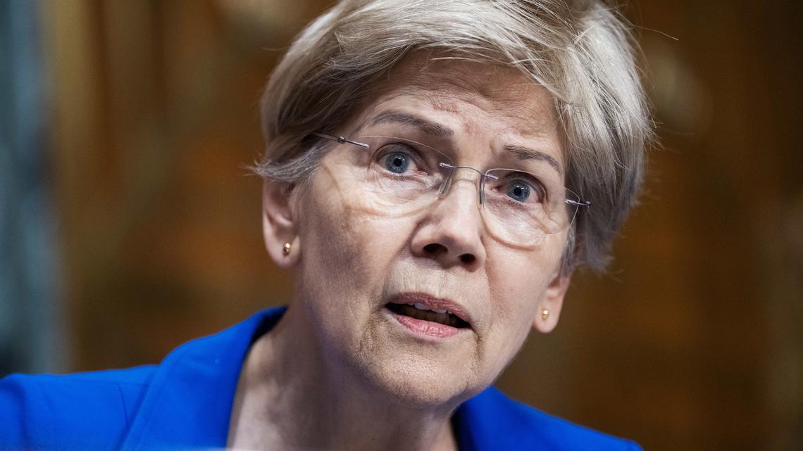 Sen. Elizabeth Warren, D-Mass., questions Internal Revenue Service CEO Frank Bisignano during the Senate Finance Committee hearing in the Dirksen building on April 15, 2026. (Tom Williams/CQ Roll Call via ZUMA Press/TNS)