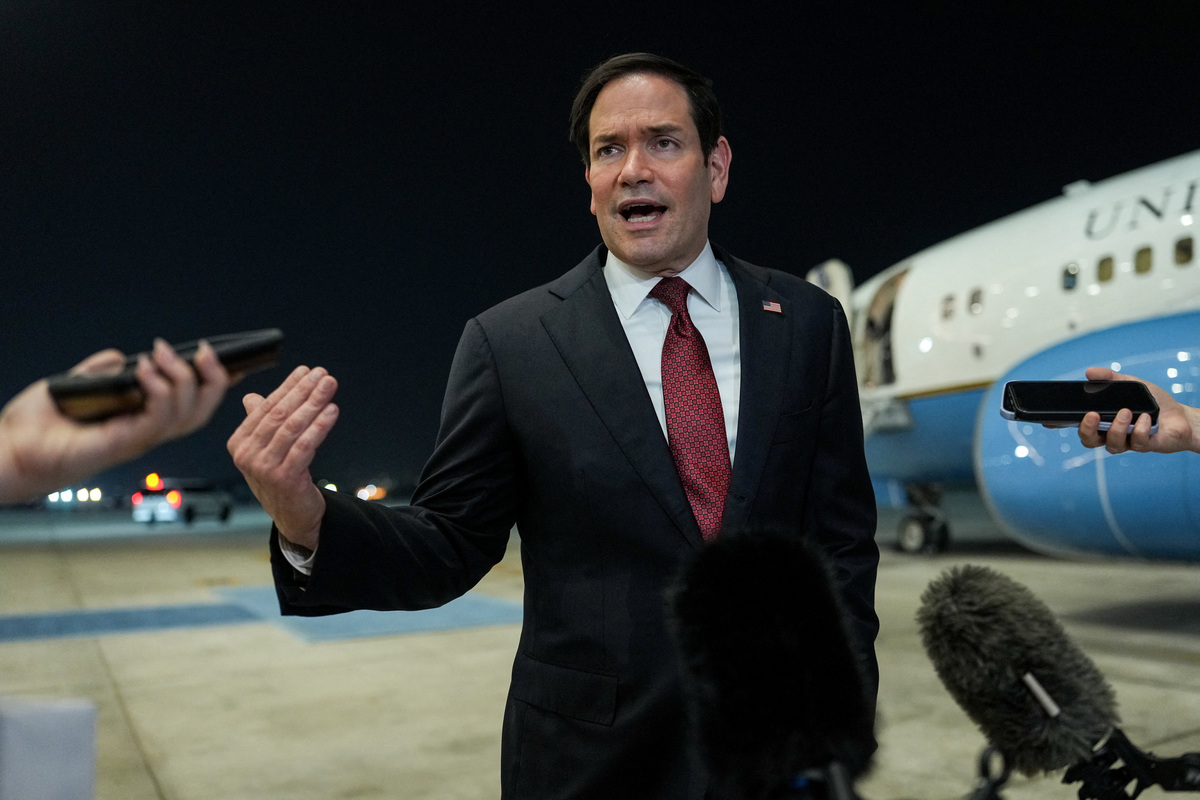 U.S. Secretary of State Marco Rubio speaks to the media upon his arrival at Al Bateen Executive Airport to discuss the interim deal between the U.S. and Iran with Arab Gulf allies, in Abu Dhabi, United Arab Emirates, June 23, 2026. REUTERS/Eric Lee/Pool