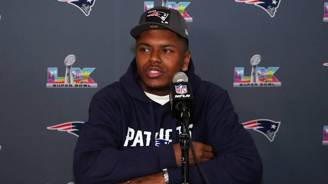  Feb 3, 2026; Santa Clara, CA, USA; New England Patriots safety Jaylinn Hawkins speaks to the media during Super Bowl LX press conference at Santa Clara Marriott. Mandatory Credit: Kirby Lee-Imagn Images | Kirby Lee-Imagn Images 
