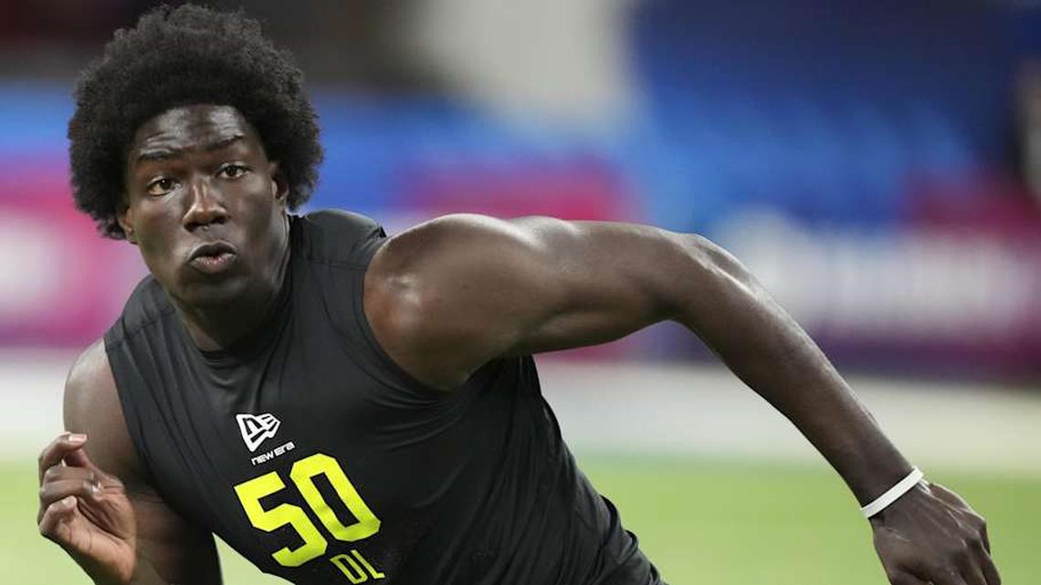  Feb 26, 2026; Indianapolis, IN, USA; Southern California defensive lineman Anthony Lucas (DL50) during the NFL Scouting Combine at Lucas Oil Stadium. Mandatory Credit: Kirby Lee-Imagn Images | Kirby Lee-Imagn Images 