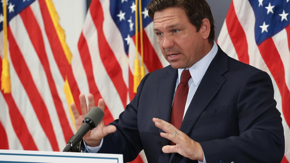 Gov. Ron DeSantis speaks about his proposal for Florida to become the first state to abolish property taxes during a news conference at the Florida REALTORS headquarters in Orlando on Monday, March 31, 2025. (Rich Pope/Orlando Sentinel/TNS)