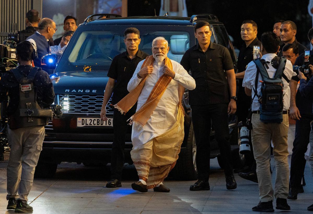 India's Prime Minister Narendra Modi arrives at the Bharatiya Janata Party (BJP) headquarters as BJP celebrates its win in the West Bengal and Assam states' assembly elections, in New Delhi, India, May 4, 2026. REUTERS/Adnan Abidi