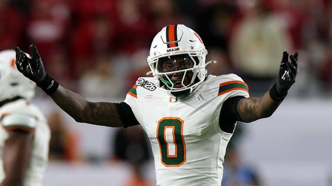  Jan 19, 2026; Miami Gardens, FL, USA; Miami Hurricanes defensive back Keionte Scott (0) reacts in the first half during the College Football Playoff National Championship game at Hard Rock Stadium. Mandatory Credit: Nathan Ray Seebeck-Imagn Images | Nathan Ray Seebeck-Imagn Images 