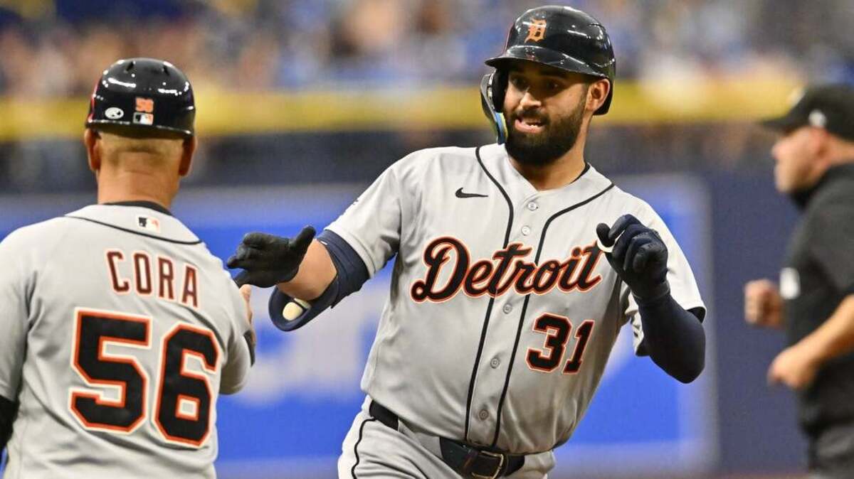 Tigers outfielder Riley Green celebrates after hitting a home run during a 10-9 victory over the Rays on Monday night.