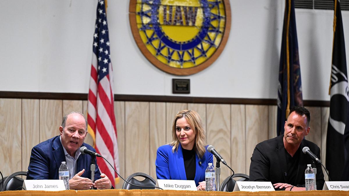 Michigan gubernatorial candidates former Detroit Mayor Mike Duggan, from left, Secretary of State Jocelyn Benson and Genesee County Sheriff Chris Swanson answer questions from UAW members during the UAW Michigan CAP Governor’s Forum on May 18, 2026, at UAW Local 600 in Dearborn, Mich. (Robin Buckson/The Detroit News/TNS)