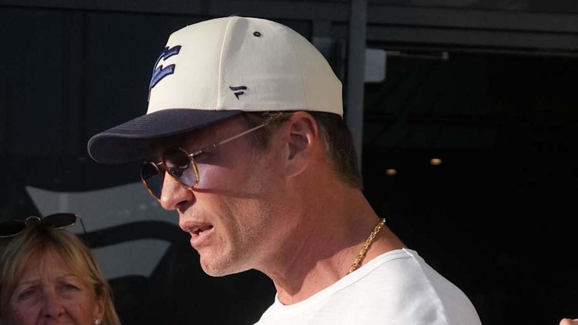  Mar 21, 2026; Los Angeles, CA, USA; Founders FFC quarterback Tom Brady (12) talks with fans during the Fanatics Flag Football Classic at BMO stadium. Mandatory Credit: Kirby Lee-Imagn Images | Kirby Lee-Imagn Images 