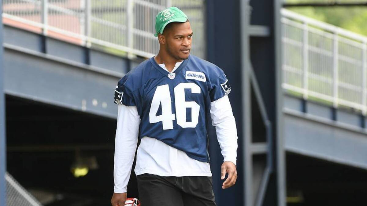  May 23, 2022; Foxborough, MA, USA; New England Patriots linebacker Raekwon McMillan (46) walks to the practice field for the team's OTA at Gillette Stadium. Mandatory Credit: Eric Canha-USA TODAY Sports | USA TODAY Sports 