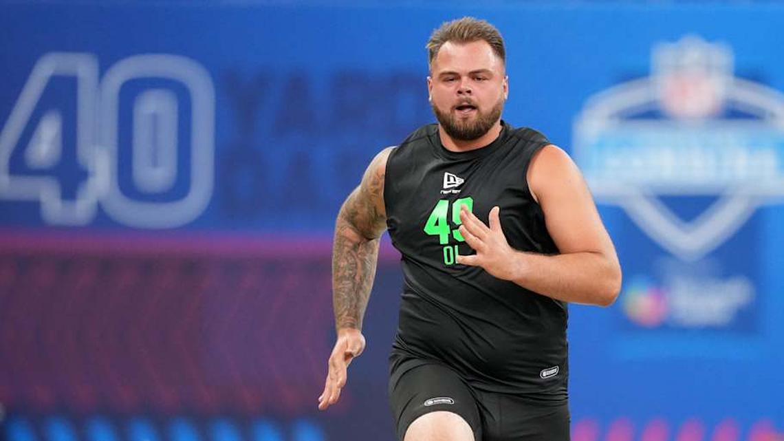  Mar 1, 2026; Indianapolis, IN, USA; Boston College offensive lineman Logan Taylor (OL49) during the NFL Scouting Combine at Lucas Oil Stadium. Mandatory Credit: Kirby Lee-Imagn Images | Kirby Lee-Imagn Images 
