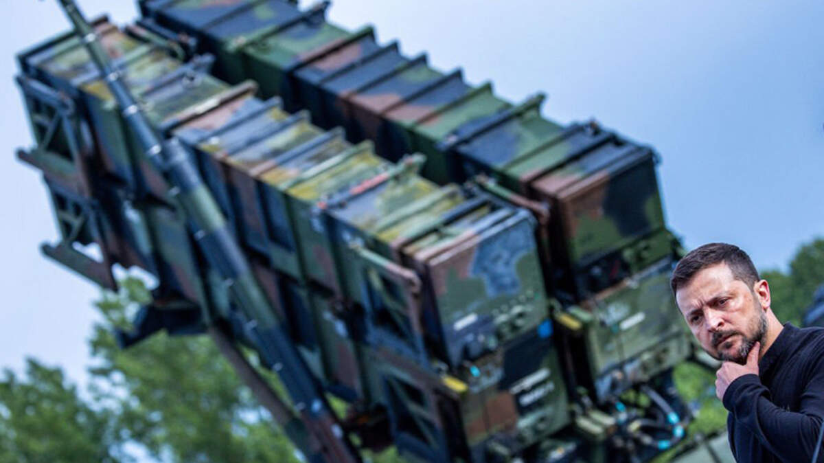 Ukrainian President Volodymyr Zelenskyy visits a military training area in Mecklenburg-Vorpommern, Germany, on June 11, 2024, where Ukrainian soldiers are trained on the Patriot air defense missile system. Ukraine and the U.S. this week reached a political agreement on licenses for the production of PAC-3 Patriot interceptors.
