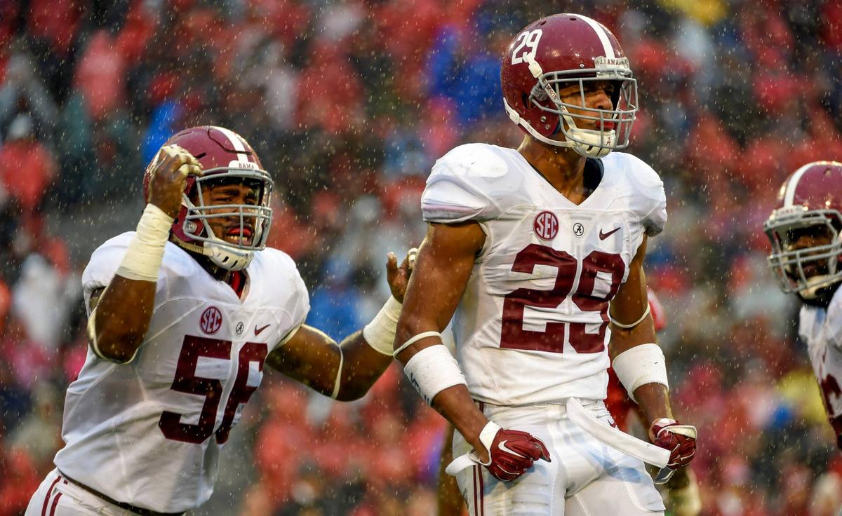  Alabama Crimson Tide defensive back Minkah Fitzpatrick reacts after a quarterback sack against the Georgia Bulldogs at Sanford Stadium. John David Mercer-USA TODAY Sports