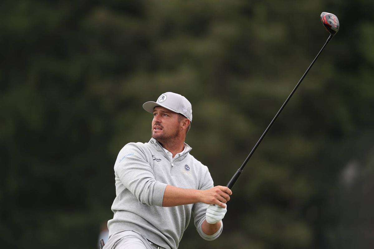  May 15, 2026; Newtown Square, Pennsylvania, USA; Bryson DeChambeau plays his shot on the seventh tee during the second round of the PGA Championship golf tournament. Mandatory Credit: Bill Streicher-Imagn Images 