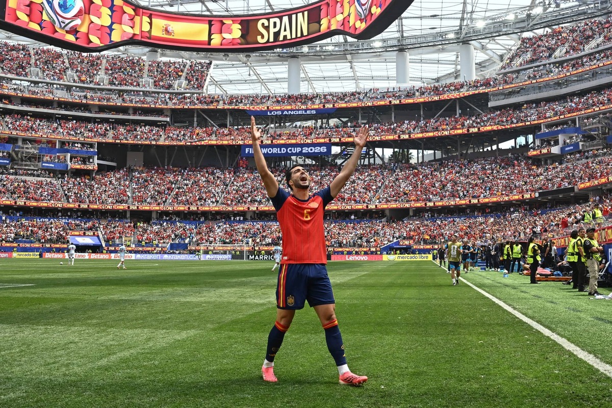  Spain's midfielder #06 Mikel Merino celebrates scoring his team's second goal during the 2026 World Cup football tournament quarter-final match between Spain and Belgium at the Los Angeles Stadium in Inglewood on July 10, 2026. (Photo by Paul ELLIS / AFP via Getty Images) Photo by Paul ELLIS / AFP via Getty Images