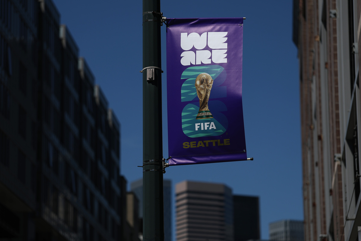  Signage outside of Seattle Stadium, temporarily renamed from Lumen Field, ahead of the FIFA World Cup 2026 in Seattle, Washington, on May 27, 2026. (Photo by Steph Chambers/Getty Images) 