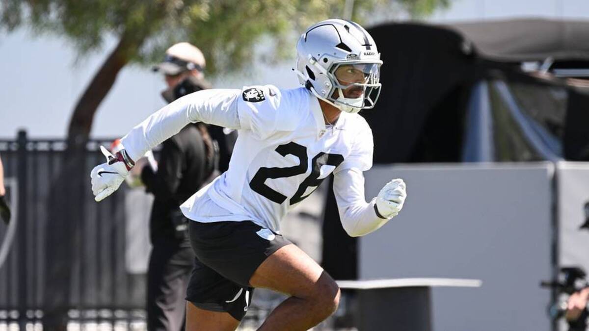  May 28, 2026; Henderson, NV, USA; Las Vegas Raiders cornerback Jermod McCoy (28) runs a drill during organized team activities at Intermountain Health Performance Center. Mandatory Credit: Candice Ward-Imagn Images | IMAGN IMAGES via Reuters Connect 