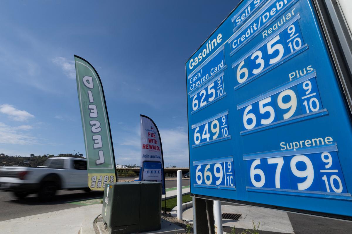 The price of gasoline is displayed at a gas station near the highway in Encinitas, California, U.S., April 30, 2026.   REUTERS/Mike Blake