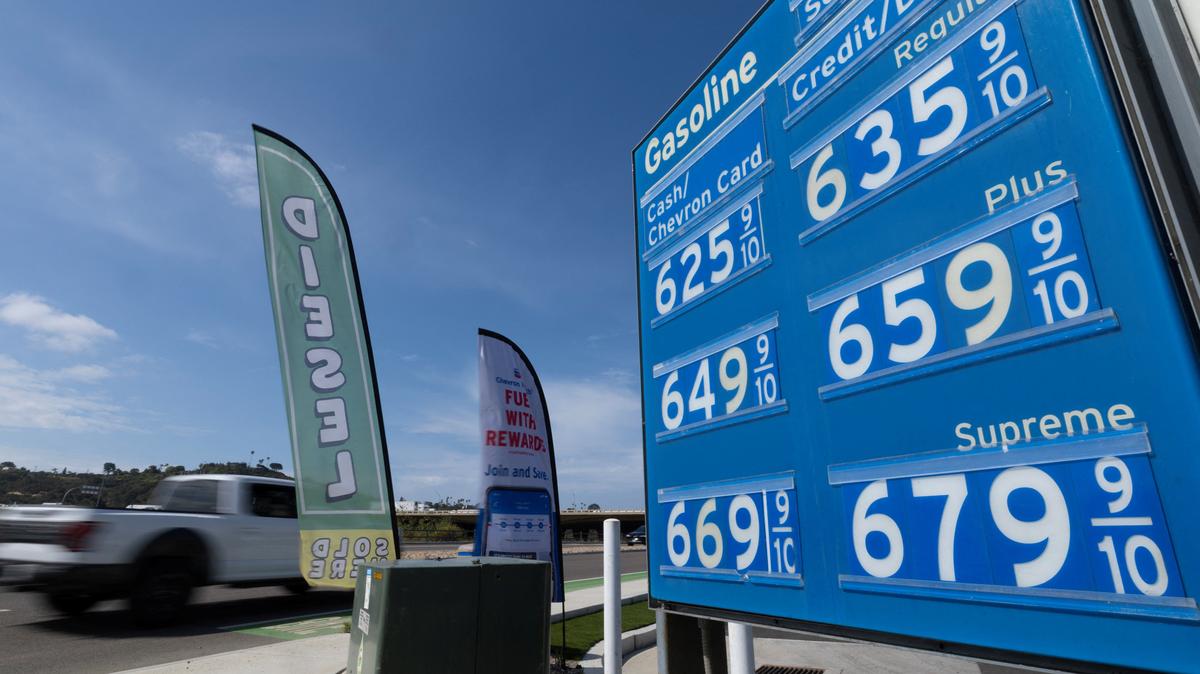 The price of gasoline is displayed at a gas station.
