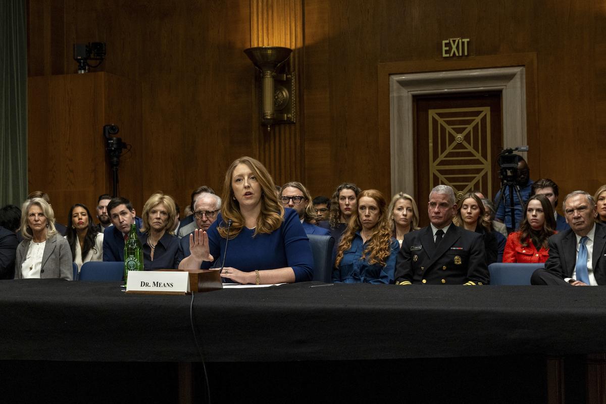 FILE -- Dr. Casey Means, President Donald Trump's nominee for surgeon general, testifies at her nomination hearing before the Senate health committee on Capitol Hill in Washington, on Feb. 25, 2026. With Means' confirmation stalled on Capitol Hill, Trump withdrew the nomination April 30; he is instead nominating Dr. Nicole Saphier, a Fox News contributor and radiologist at Memorial Sloan Kettering. (Alex Kent/The New York Times)