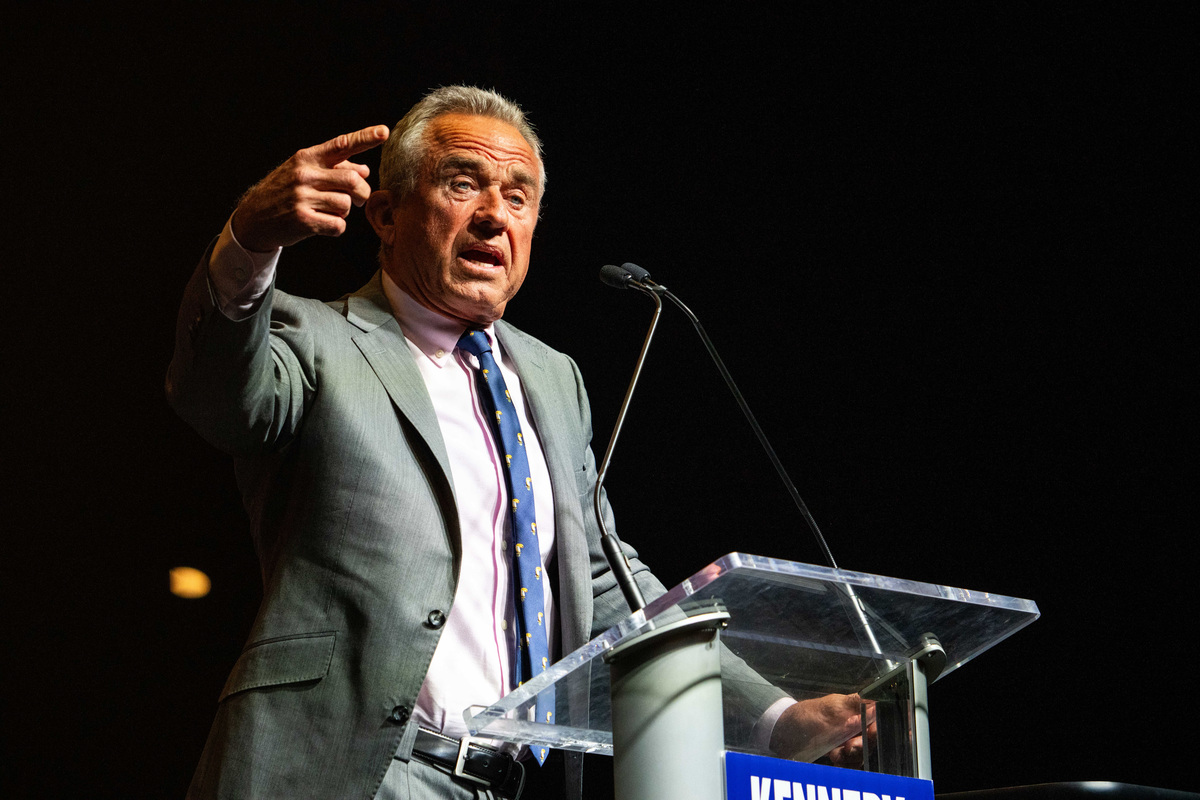 Independent presidential candidate Robert F. Kennedy Jr. speaks to the crowd during a campaign stop in West Des Moines Saturday, April 13, 2024, at Val Air Ballroom.