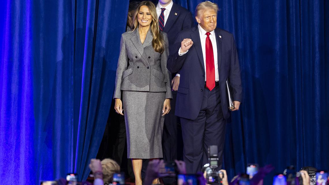 Republican presidential nominee former President Donald Trump arrives to his election night party alongside his wife, Melania Trump, and his son, Barron Trump, at the Palm Beach County Convention Center on Nov. 5, 2024, in West Palm Beach, Florida. (Matias J. Ocner/Miami Herald/TNS)