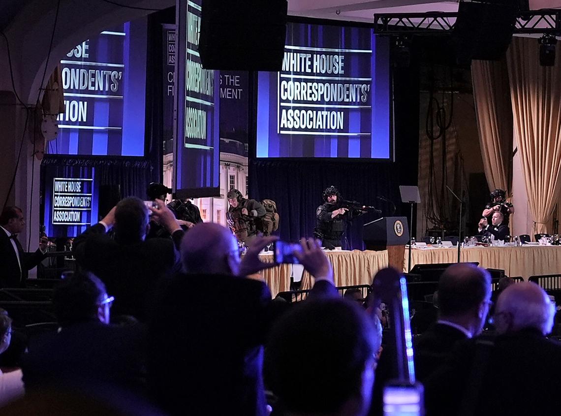Secret service agents respond during the White House Correspondents' Association dinner at the Washington Hilton in Washington on Saturday, April 25, 2026. (Salwan Georges/The New York Times)