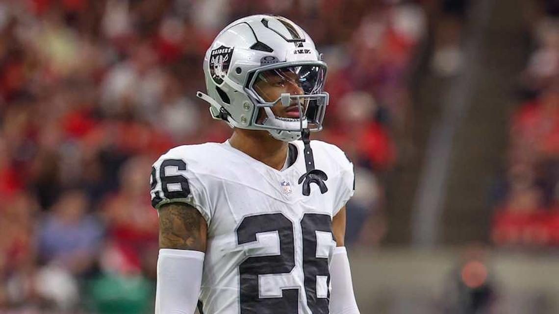  Dec 21, 2025; Houston, Texas, USA; Las Vegas Raiders cornerback Darien Porter (26) during a television timeout against the Houston Texans in the first quarter at NRG Stadium. Mandatory Credit: Thomas Shea-Imagn Images | Thomas Shea-Imagn Images 