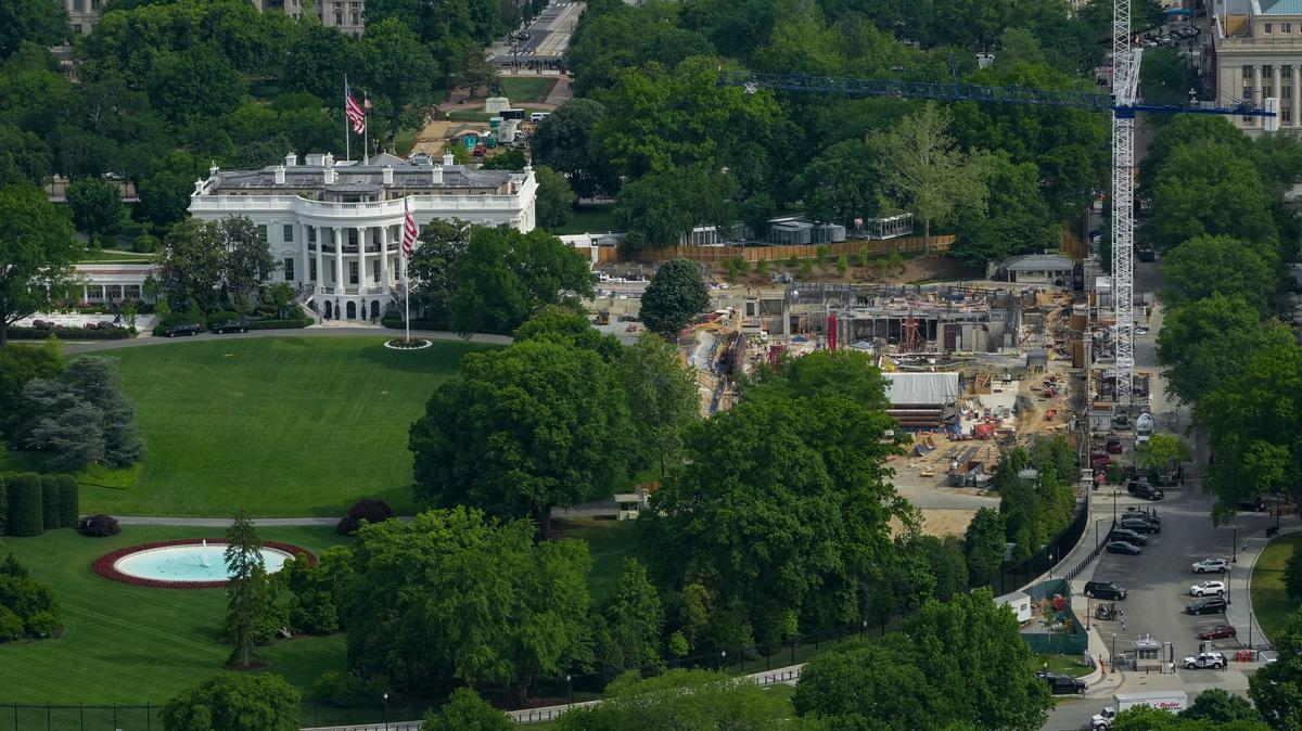 Aerial view from the top of the Washington Monument shows construction crews as they continue site preparation for a planned White House ballroom in the area of the former East Wing in Washington, D.C., U.S., May 2, 2026. REUTERS/Ken Cedeno