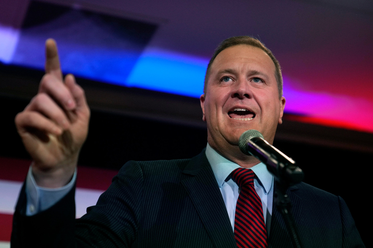 Republican Eric Schmitt, candidate for U.S. Senate, delivers a victory speech Tuesday in Maryland Heights, Mo. Schmitt defeated Democratic challenger Trudy Busch Valentine.