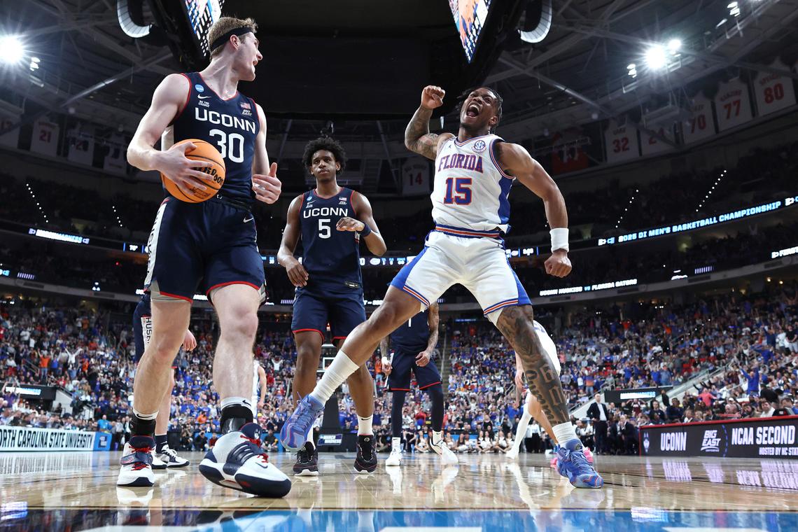 Florida’s Alijah Martin celebrates after throwing down a dunk against UConn during the 2025 NCAA Tournament at Lenovo Center in Raleigh, North Carolina.