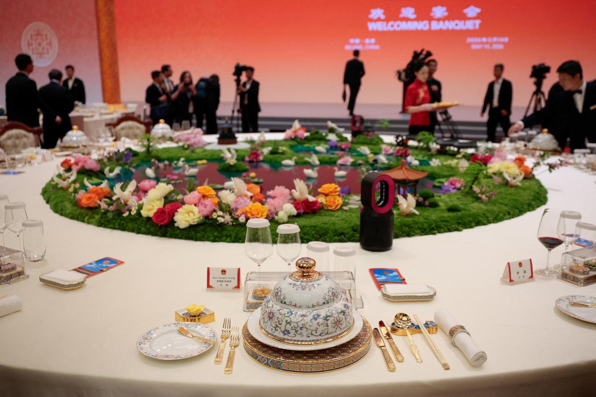 A place setting for U.S. President Donald Trump ahead of a state banquet with Chinese President Xi Jinping at the Great Hall of the People in Beijing, China, May 14, 2026. REUTERS/Evan Vucci