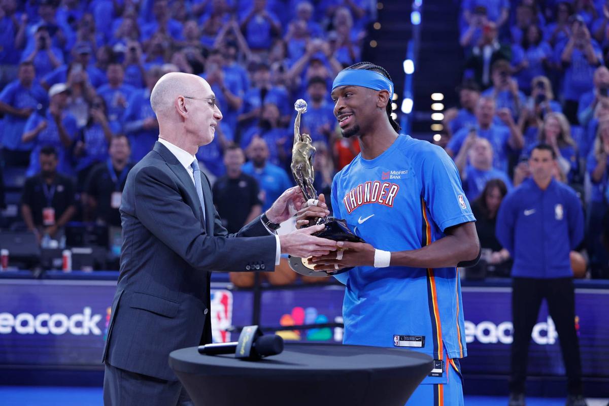  Oklahoma City Thunder guard Shai Gilgeous-Alexander receives his second MVP award from Commissioner Adam Silver Alonzo Adams-Imagn Images