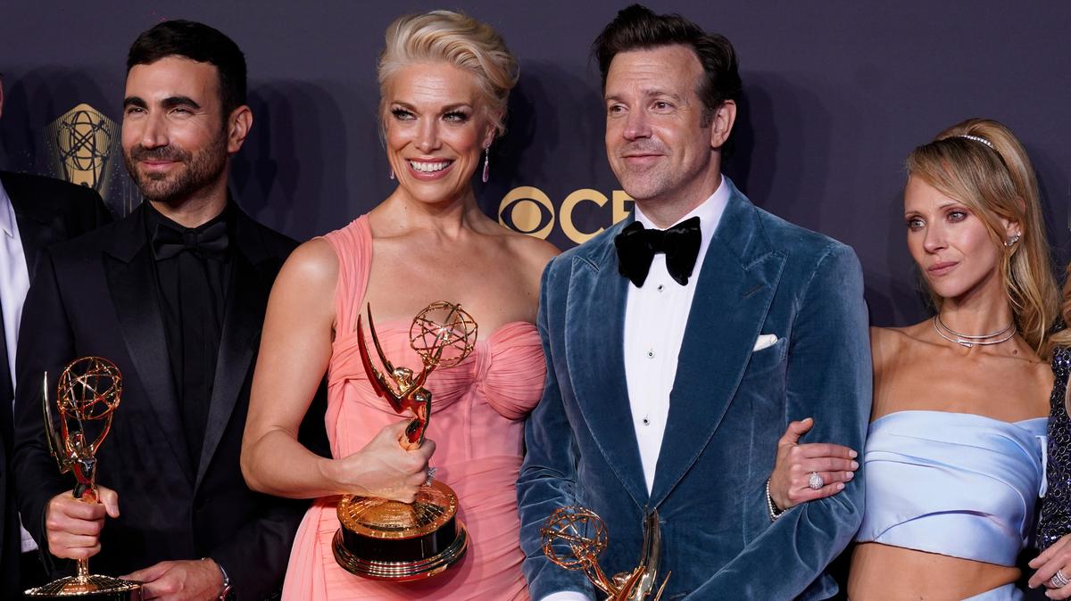 Among the Emmy Awards “Ted Lasso” won in 2021: supporting actor for Brett Goldstein, from left, supporting actress for Hannah Waddingham and best actor for Jason Sudeikis (who is also holding the best comedy trophy). Juno Temple was nominated for supporting actress.