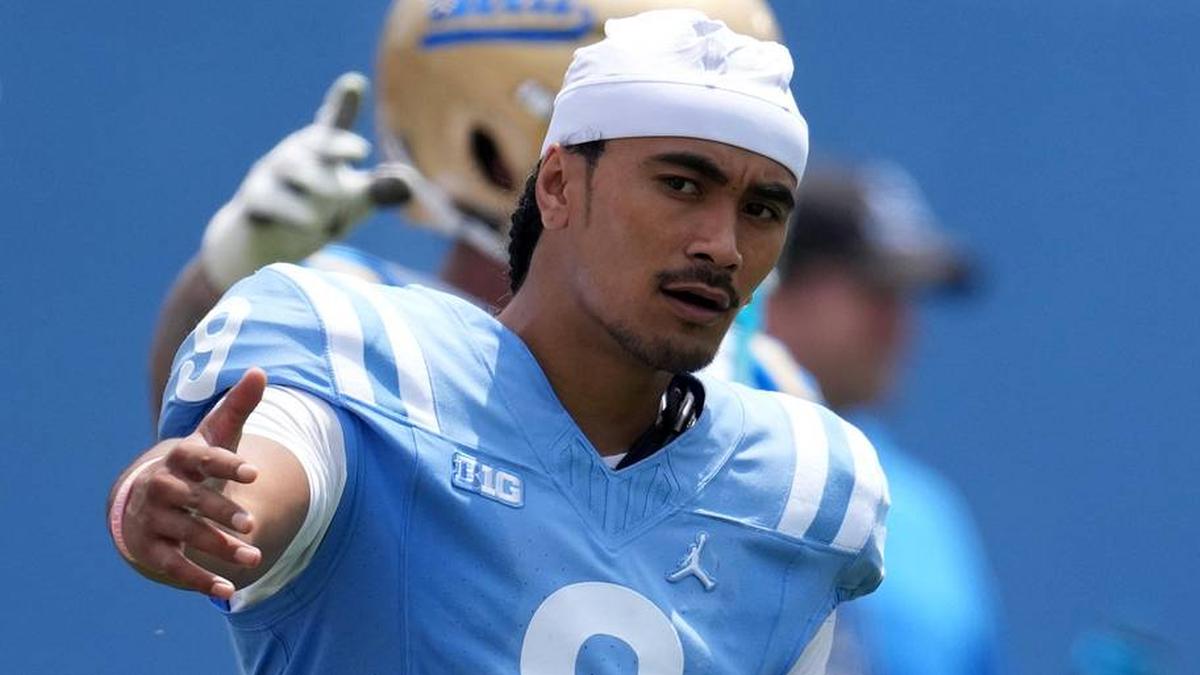  May 2, 2026; Pasadena, CA, USA; UCLA Bruins quarterback Nico Iamaleava (9) reacts during the spring game at Rose Bowl. Mandatory Credit: Kirby Lee-Imagn Images | Kirby Lee-Imagn Images 