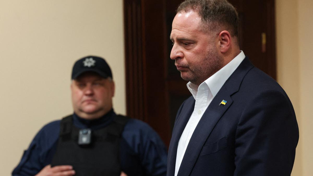 Former Head of the Presidential Office Andriy Yermak, who according to the National Anti-Corruption Bureau of Ukraine is a suspect in a corruption probe, appears at court for a hearing on the choice of a preventive measure, amid Russia’s attack on Ukraine, in Kyiv, Ukraine, May 12, 2026. REUTERS/Alina Smutko
