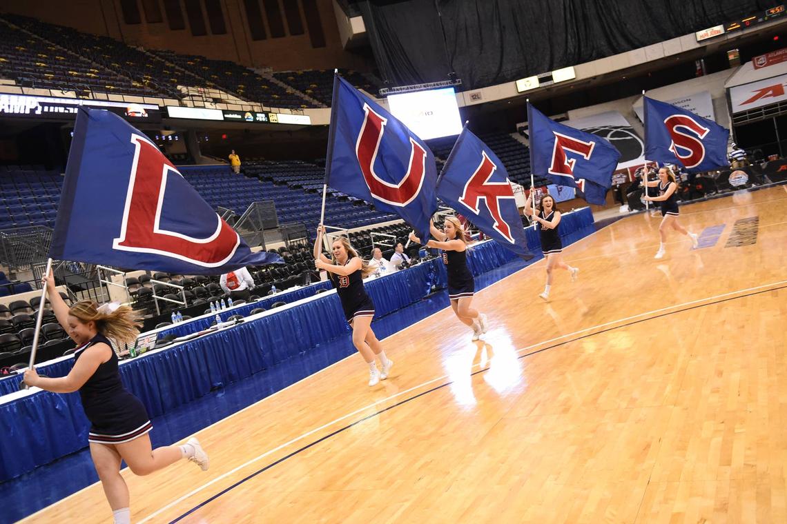  RICHMOND, VA - MARCH 02: The Duquesne Lady Dukes cheerleaders on the floor during the quarterfinal round of the Atlantic-10 Women's Basketball Tournament against the Saint Louis Billikens at Richmond Coliseum on March 2, 2018 in Richmond, Virginia. The Billikens won 71-65. Photo by Mitchell Layton/Getty Images) 