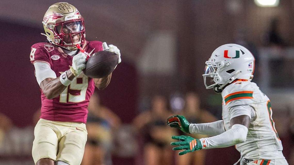  Florida State Seminoles wide receiver Micahi Danzy (19) catches a pass. The Miami Hurricanes defeated the Florida State Seminoles 22-28 at Doak Campbell Stadium on Saturday, Oct. 4, 2025. | Alicia Devine/Tallahassee Democrat / USA TODAY NETWORK via Imagn Images 