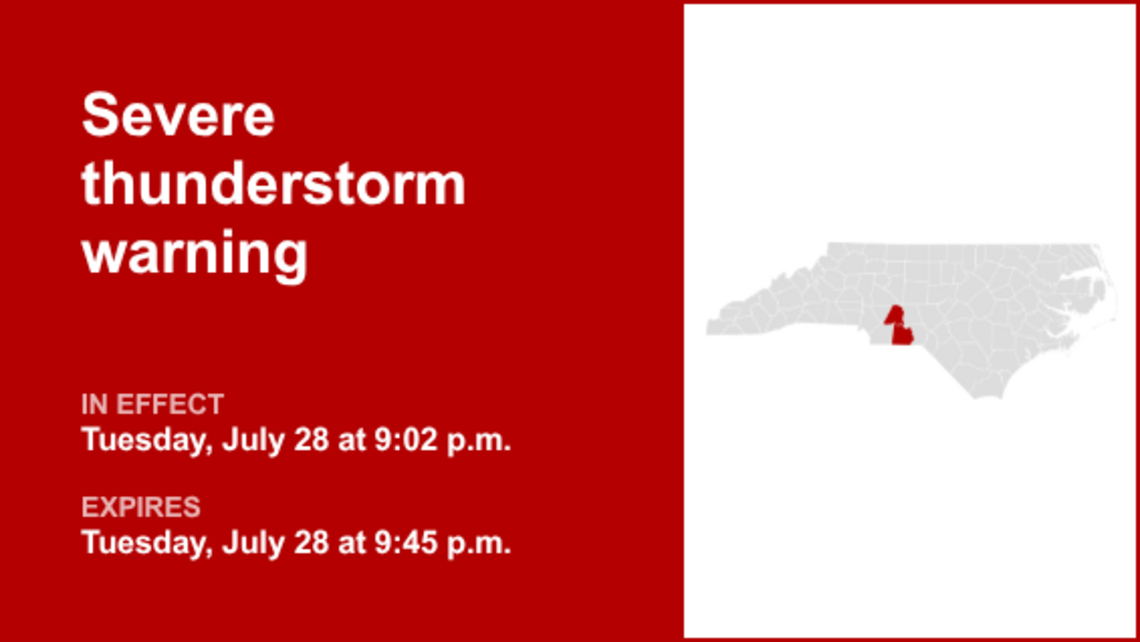 Severe thunderstorm warning in place for Anson and Stanly counties Tuesday night 