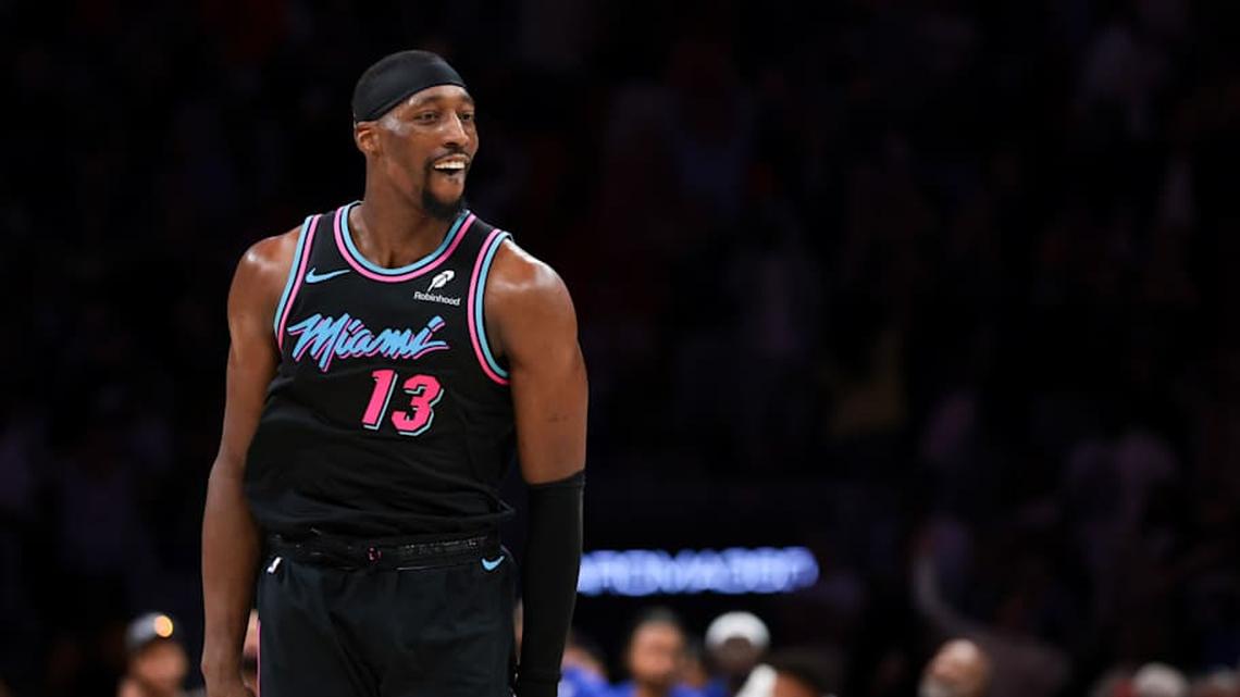  Miami Heat center Bam Adebayo reacts after scoring against the Philadelphia 76ers. | Sam Navarro-Imagn Images 
