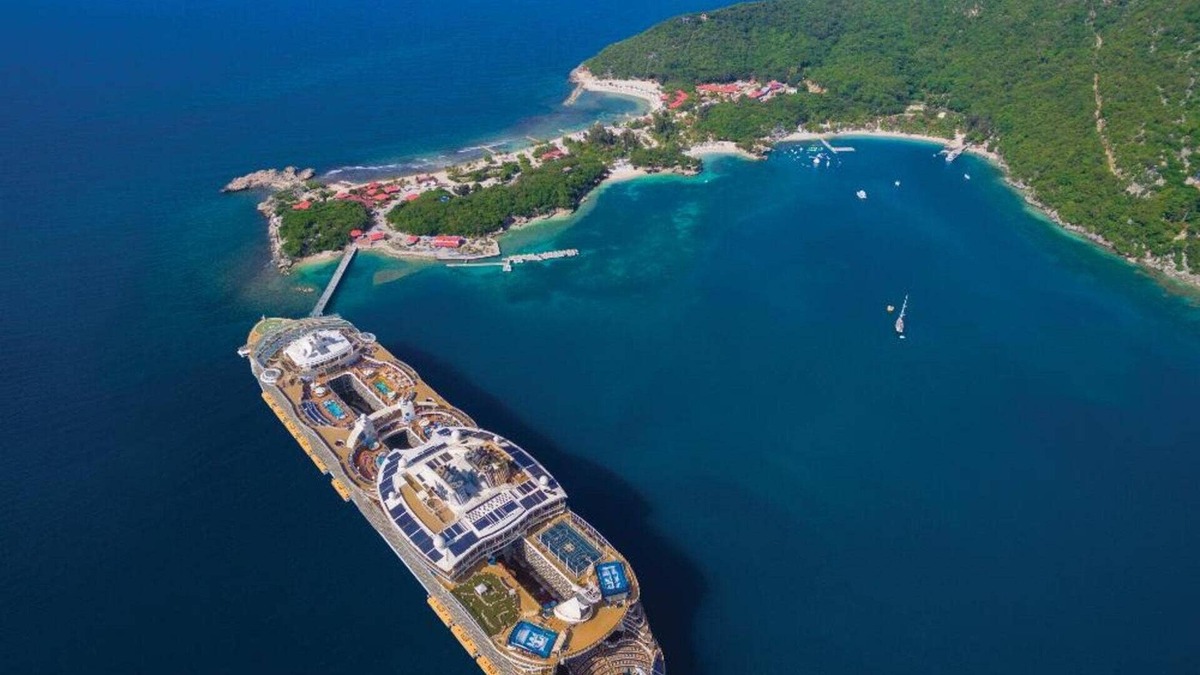 Aerial view of Royal Caribbean's Allure of the Seas cruise ship at Labadee, Haiti. 