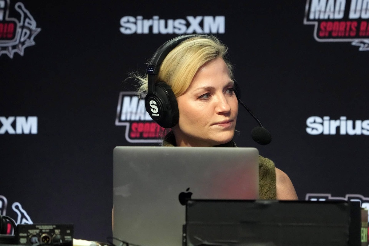  Feb 8, 2024; Las Vegas, NV, USA; Michelle Beadle on the Sirius XM Mad Dog Sports radio set at the Super Bowl 58 media center at the Mandalay Bay resort and casino. 