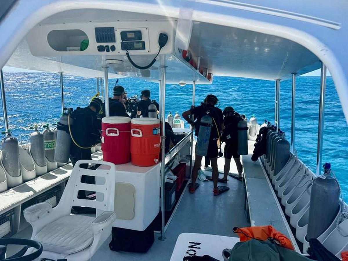  On board the Sea Saba dive boat, safety checks complete, as our small group and guide prepare to jump in. Photo credit: Emily Molina 