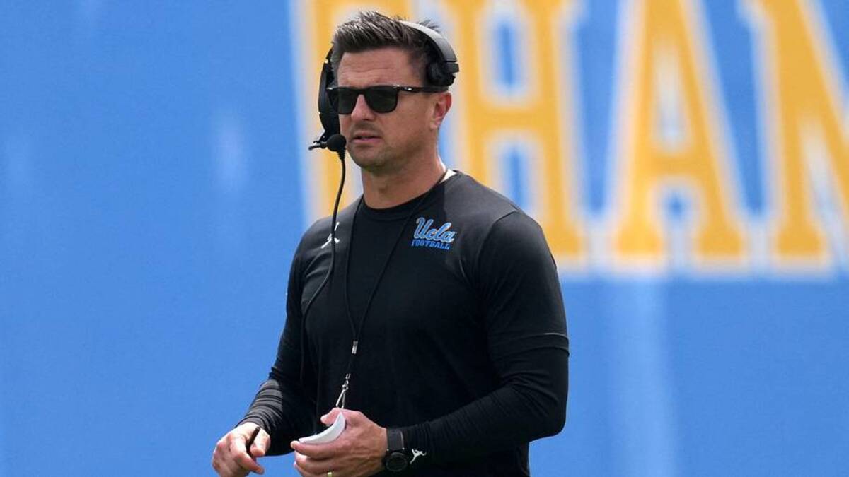  May 2, 2026; Pasadena, CA, USA; UCLA Bruins coach Bob Chesney reacts during the spring game at Rose Bowl. Mandatory Credit: Kirby Lee-Imagn Images | Kirby Lee-Imagn Images 