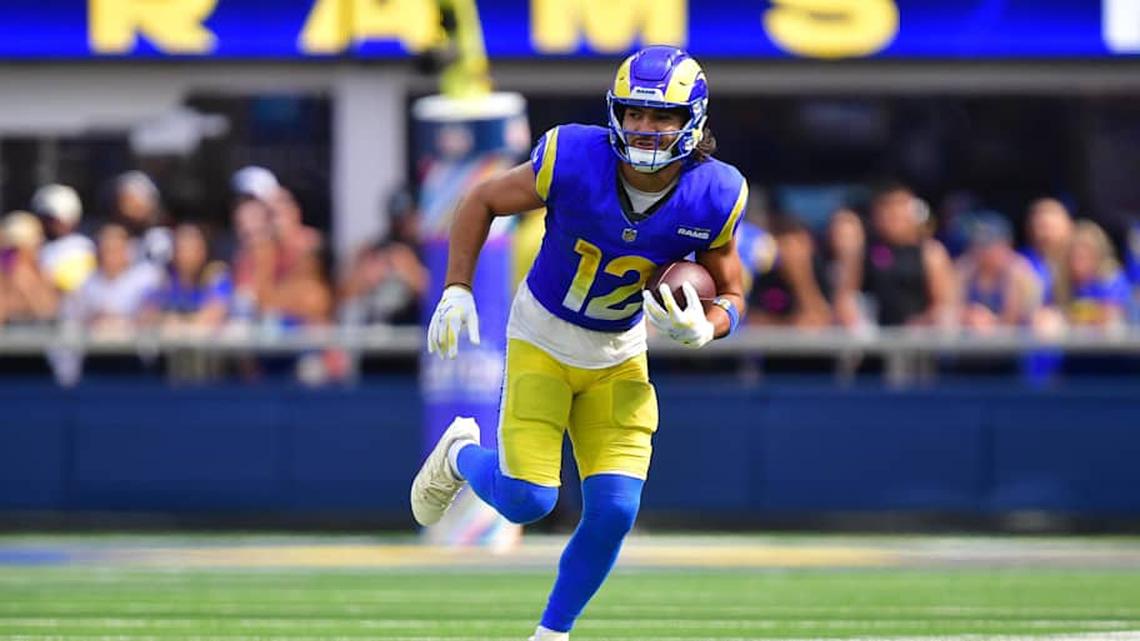  Sep 28, 2025; Inglewood, California, USA; Los Angeles Rams wide receiver Puka Nacua (12) runs the ball against the Indianapolis Colts during the second half at SoFi Stadium. Mandatory Credit: Gary A. Vasquez-Imagn Images | Gary A. Vasquez-Imagn Images 