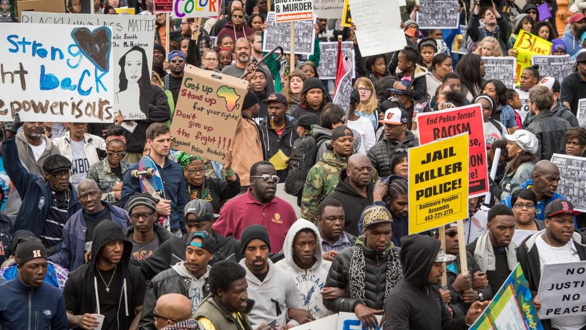 Thousands of people march through the streets of Baltimore during a demonstration on April 25, 2015, to protest the mistreatment and ultimate death of Freddie Gray while in police custody. File Photo Ken Cedeno/UPI