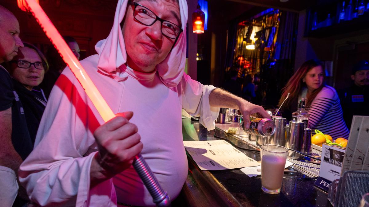 Filmgoers get fortified at the May the Fourth (international Star War Day) celebration at the Alamo Drafthouse in San Francisco, Calif., where a 21-hour Star Wars screening marathon began, Friday, May 3, 2024. (Karl Mondon/Bay Area News Group)