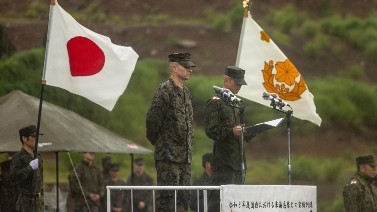 U.S. Marine Corps Lt. Colonel Matthew Kendrick (L) and Japanese Lt Gen. Norimichi Shirakawa speak during the opening ceremony of Resolute Dragon 26 at Japan Self-Defense Force Hijudai Maneuver Area in Oita Prefecture on June 19. Photo by Lance Cpl. Camila Garibay/U.S. Marine Corps