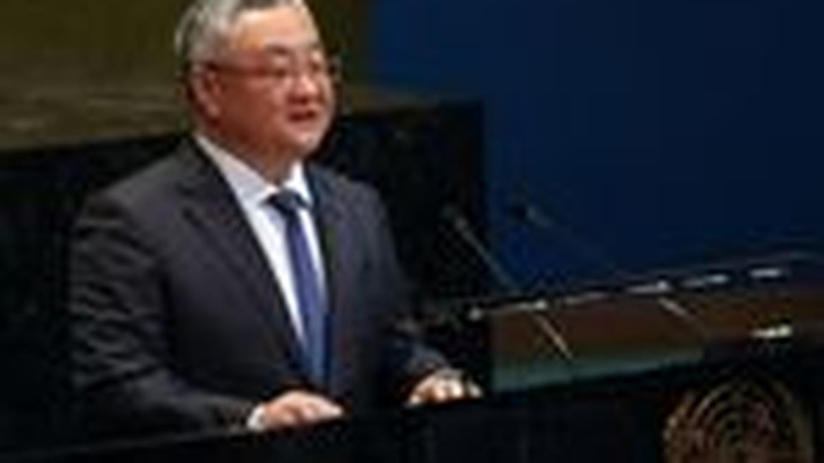 China's ambassador to the United Nations (UN) Fu Cong addresses the UN General Assembly on the failure of the Security Council to pass a proposed Strait of Hormuz resolution, at the UN headquarters in New York City, U.S., April 16, 2026. REUTERS/Shannon Stapleton