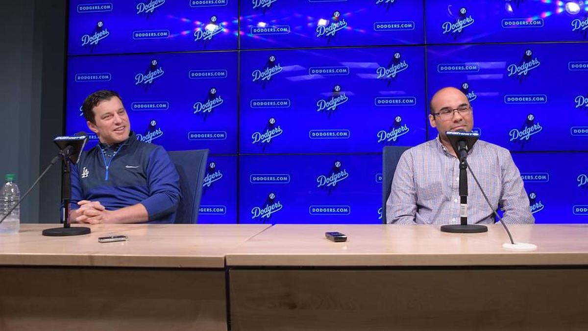  Nov 7, 2017; Los Angeles, CA, USA; Los Angeles Dodgers president of baseball operations Andrew Friedman (left) and general manager Farhan Zaidi address the media at a press conference at Dodger Stadium. Mandatory Credit: Kirby Lee-Imagn Images | Kirby Lee-Imagn Images 